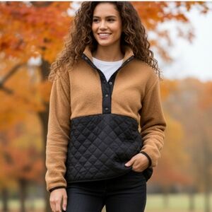J.Crew women's quilted sherpa fleece half-zip pullover  tan ,black Colorblock M